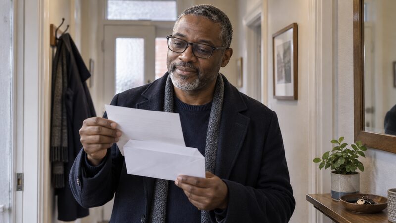 A man in his fifties stands in a hallway, reading a letter from his savings provider with a calm expression.
