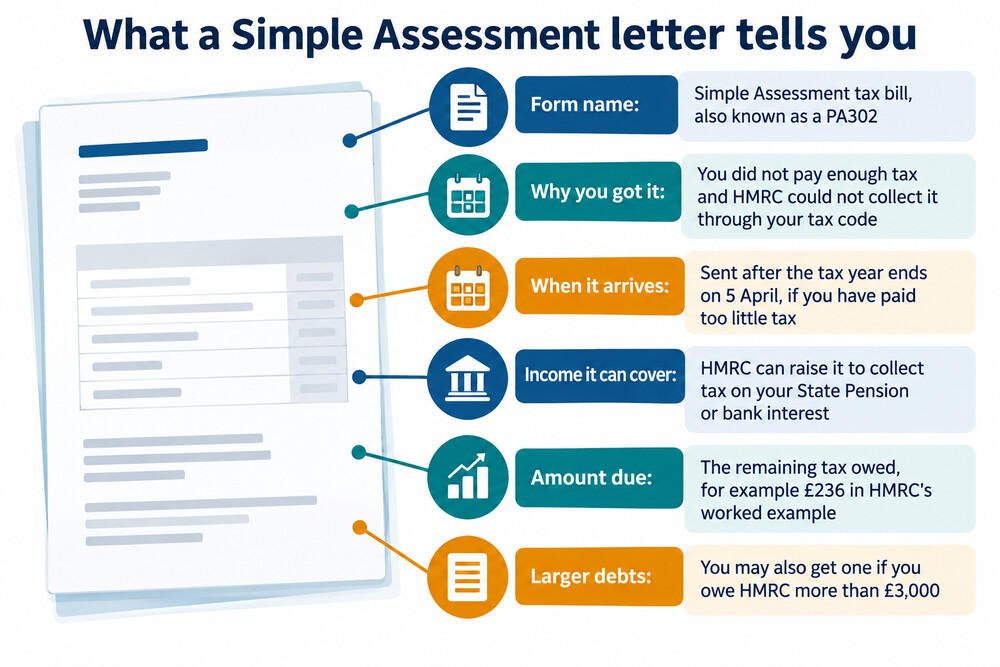A Simple Assessment letter, form PA302, showing tax owed on savings interest