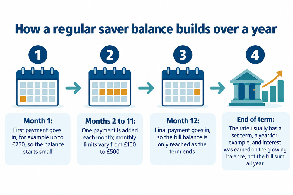 A regular savings account balance growing in steps as monthly payments are made
