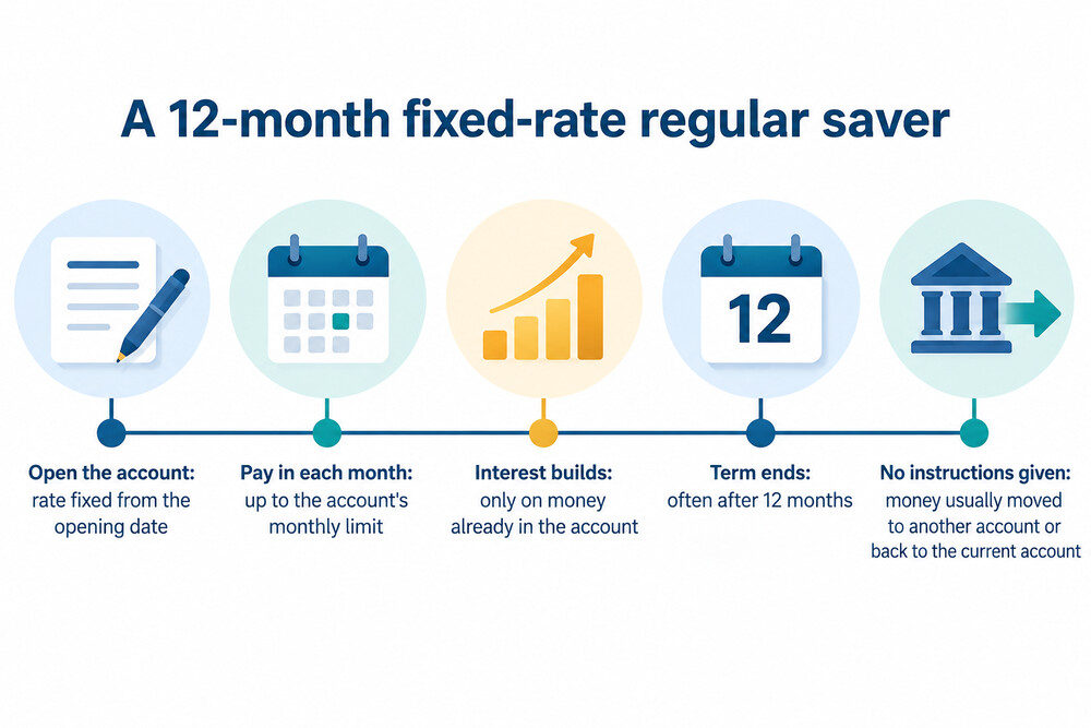 A timeline of a regular saver from opening through twelve monthly payments to maturity and the choice of where the money goes next