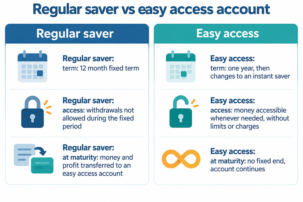 A side-by-side comparison of a regular saver and an easy access account showing term, access and maturity
