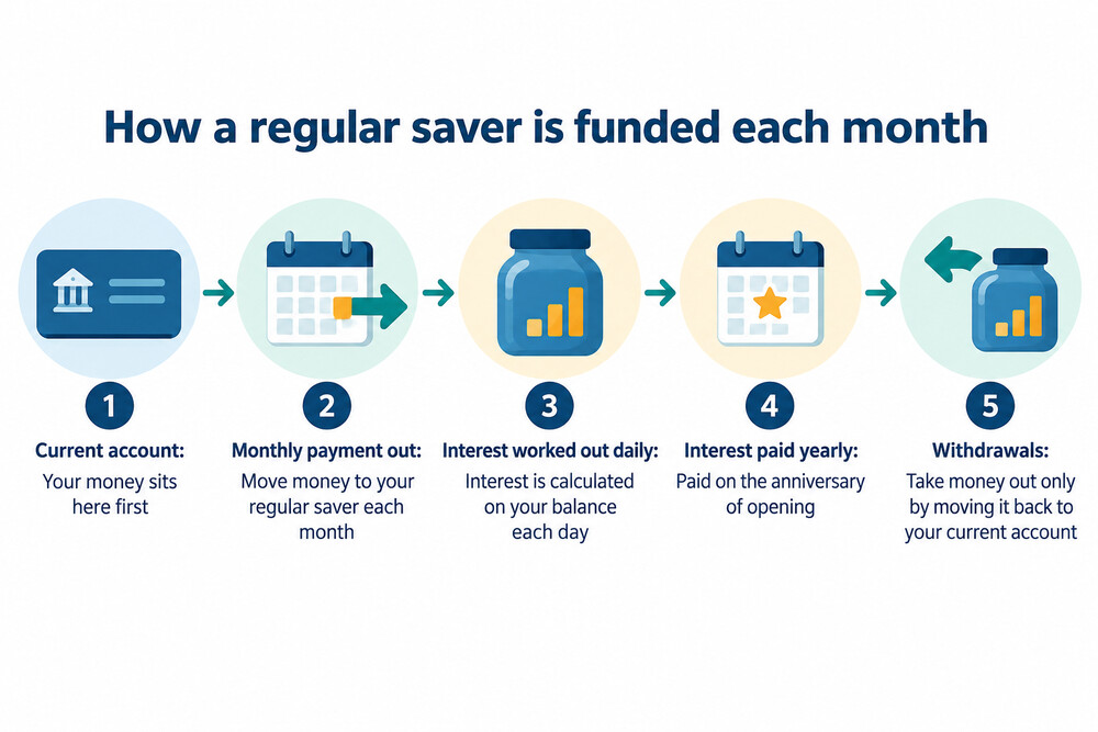 A monthly paying-in pattern into a regular saver, showing money moving from a current account into the savings pot