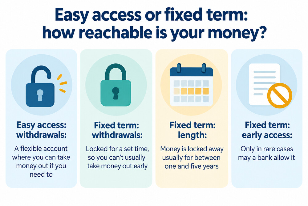 A side-by-side illustration of an easy access account and a fixed rate bond, showing when money can be withdrawn from each