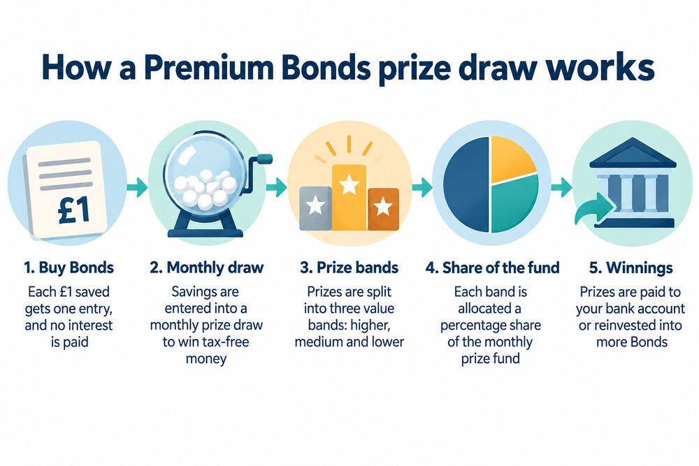 A monthly prize draw illustration showing £1 Bond entries going into a draw and prizes from £25 to £1 million coming out