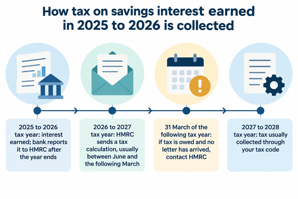 A timeline of tax on savings interest, from earning interest in one tax year to HMRC's calculation in the next and collection through the tax code the year after