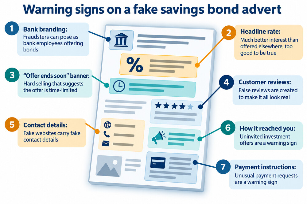 A side-by-side comparison of a genuine savings provider's website and a cloned fake version, showing the small differences a saver can check