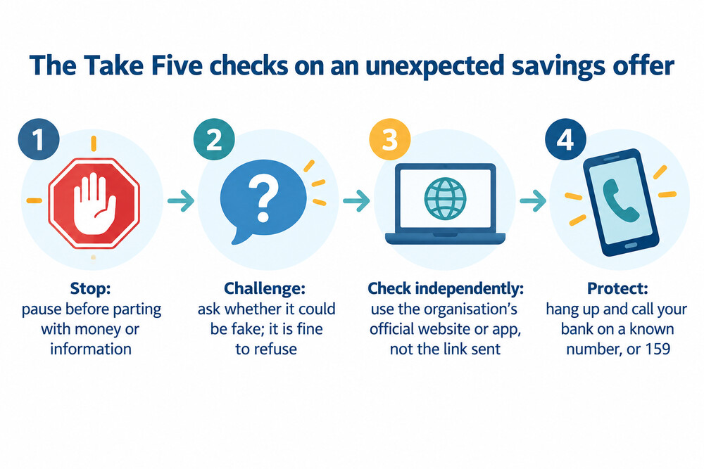 Diagram of the three Take Five steps applied to an unexpected savings offer