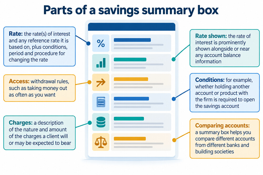 A sample savings summary box showing the rate, access and conditions sections