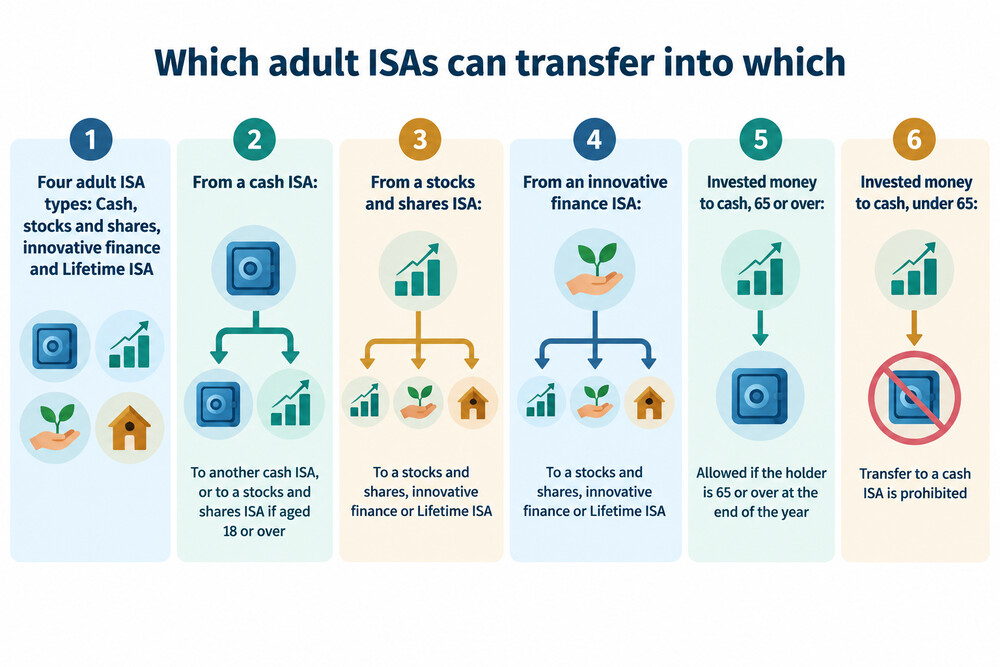 A diagram showing which directions ISA money can move between cash, stocks and shares, Junior and Lifetime ISAs