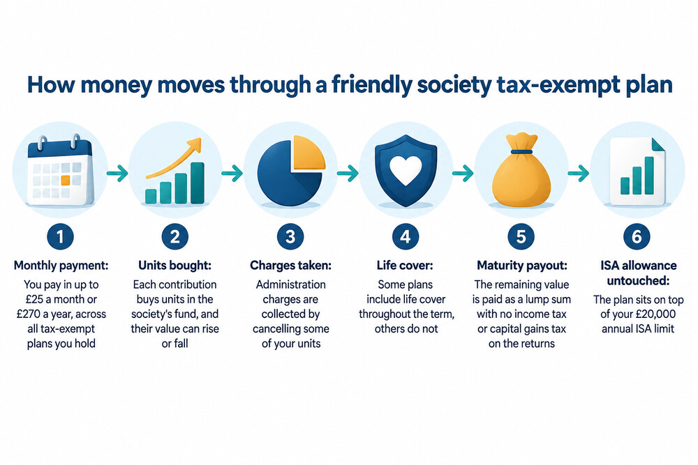 A friendly society tax-exempt savings plan shown as monthly payments going into an investment fund over ten years and coming out as a tax-free lump sum