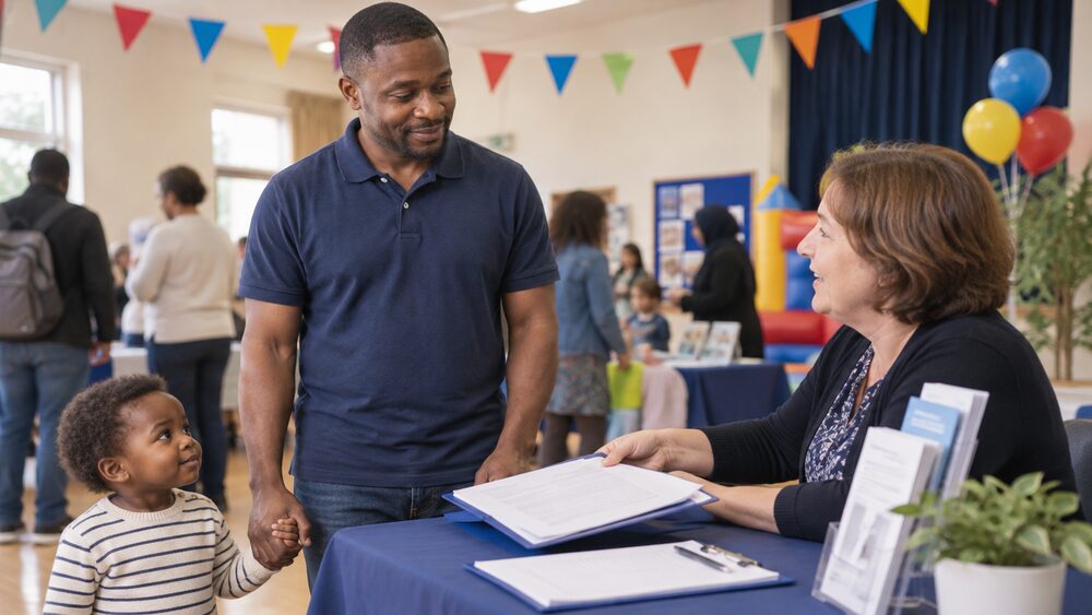 A man with his toddler stands at a stall while a representative hands over plan documents.