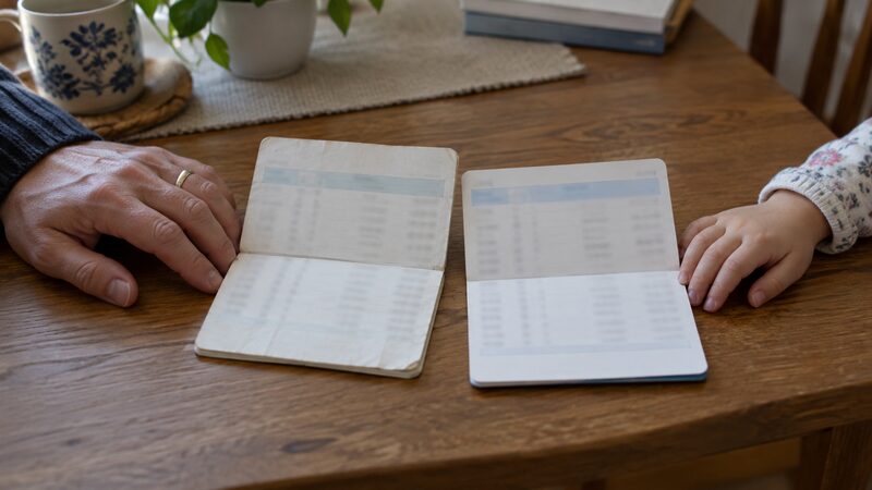Close-up of two savings passbooks on a table with an adult hand and a child's hand resting beside them.