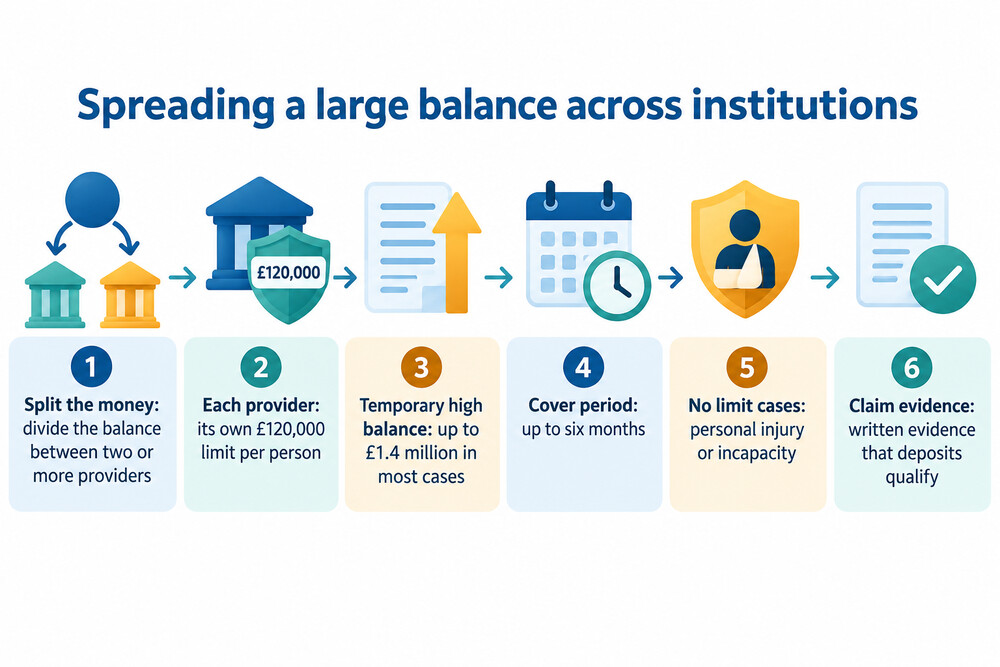 A diagram showing how a large balance can be spread across institutions to stay within protection limits