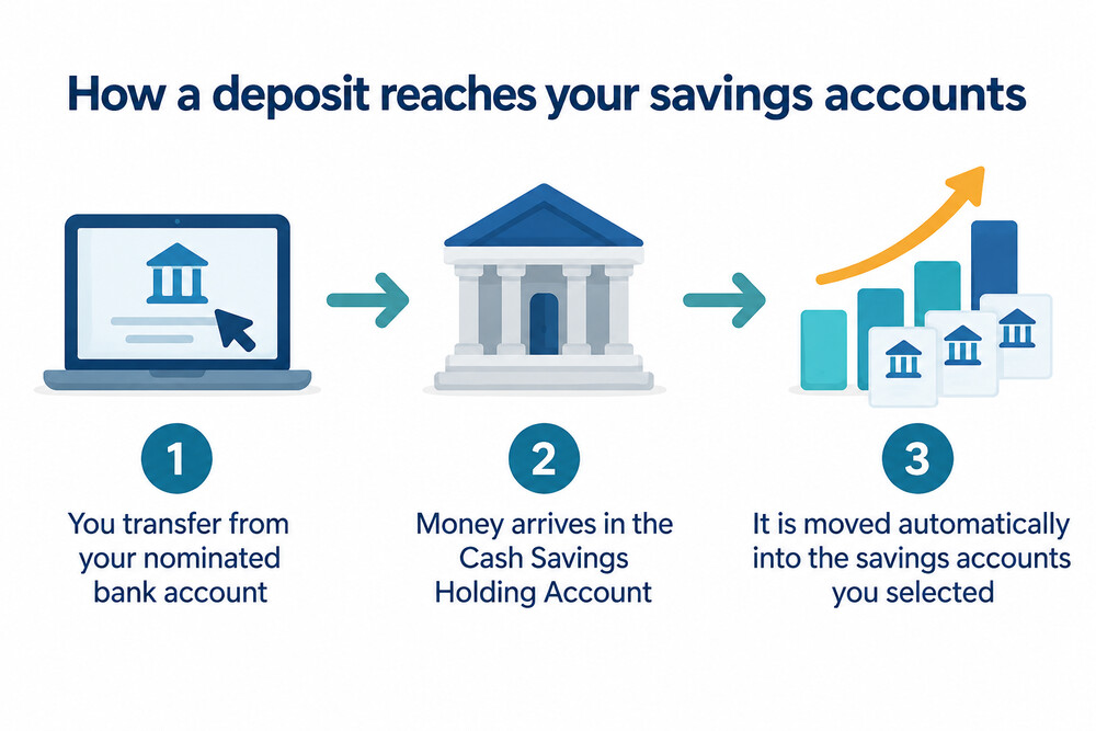 A flow showing money moving from a nominated bank account into a holding account and then into chosen savings accounts