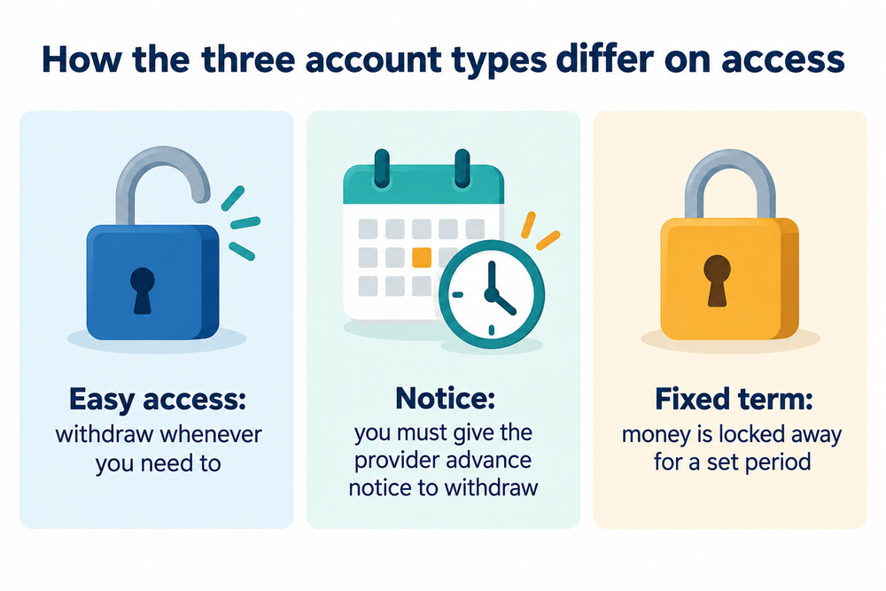 A simple comparison of easy access, notice and fixed term accounts by how quickly you can withdraw