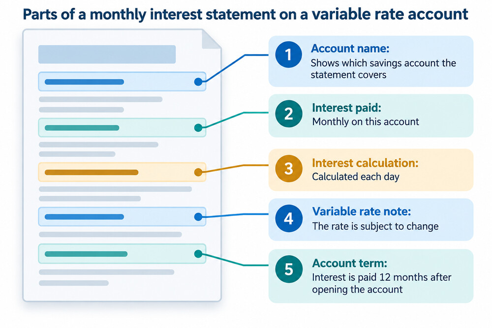 A savings account statement showing a monthly interest payment and a variable rate note