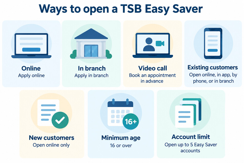 A TSB branch counter and a phone showing the savings application screen side by side