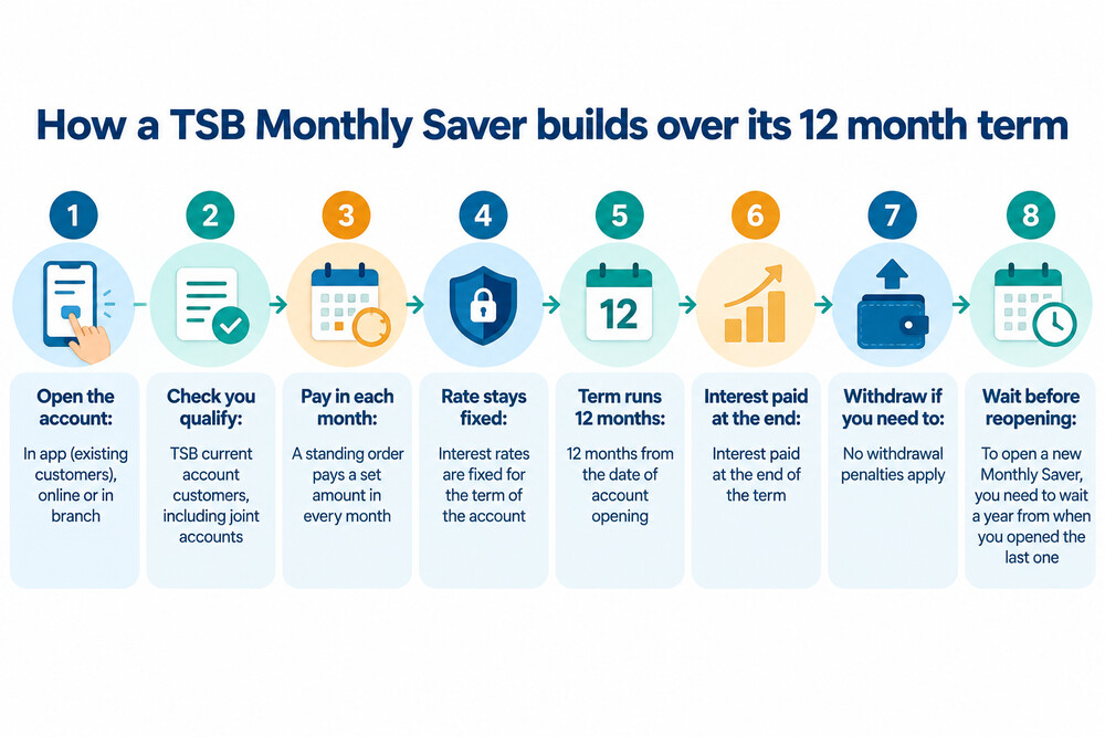 A standing order paying a set amount into a TSB Monthly Saver each month, with interest paid at the end of the 12 month term