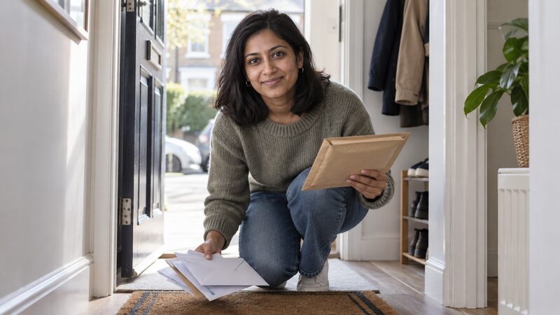 A woman stands in her hallway, picking up post from the doormat and holding a thick brown envelope.