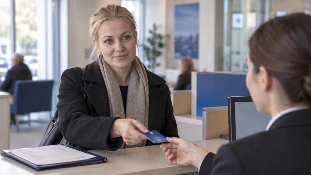 A woman at a bank counter hands her debit card to the clerk while querying a refund.