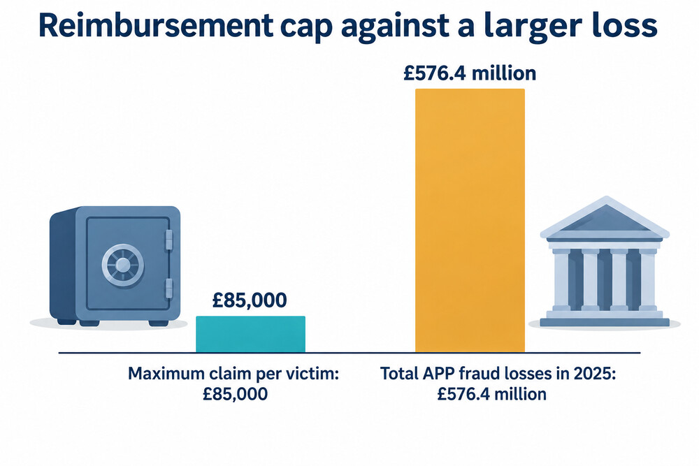 A simple bar showing the £85,000 reimbursement cap against a larger loss