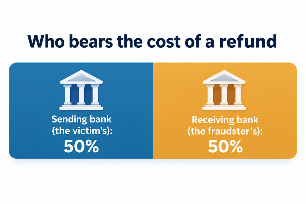 Diagram of the cost of a refund split equally between the victim's bank and the fraudster's bank