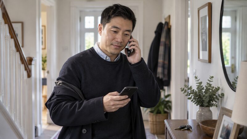 A person looking anxiously at their phone while a payment confirmation appears on screen