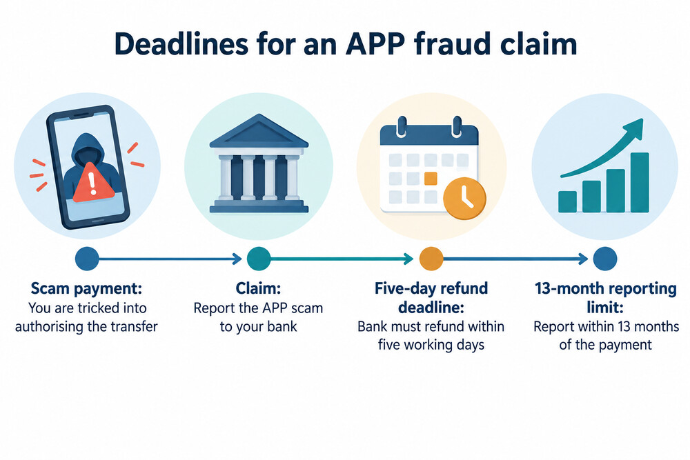 A timeline showing a scam payment, the claim, the five-day refund deadline and the 13-month reporting limit