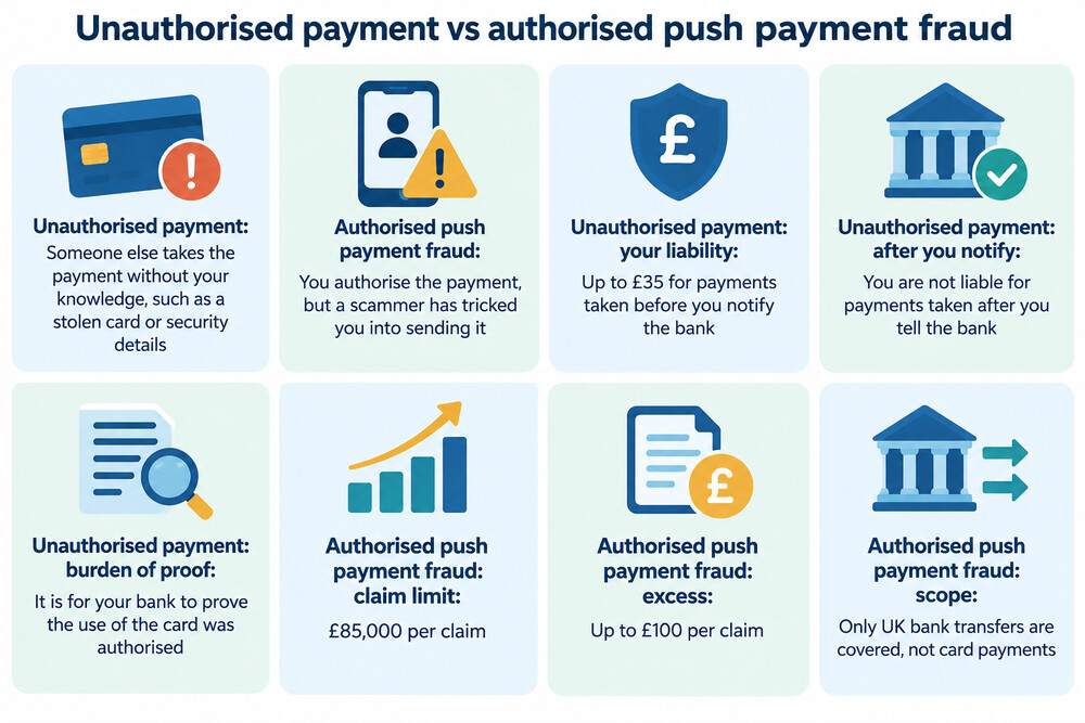 A simple side-by-side of a card payment taken without permission and a bank transfer the customer was tricked into sending