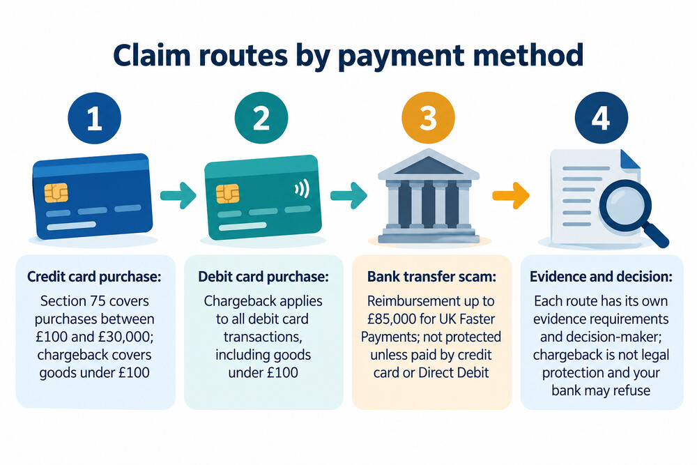 A numbered flow showing the claim routes for a credit card purchase, a debit card purchase and a bank transfer scam