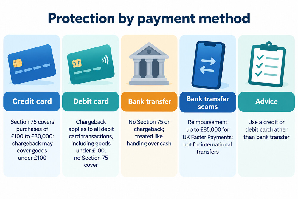 A side-by-side comparison of a credit card payment, a debit card payment and a bank transfer, showing which protections attach to each