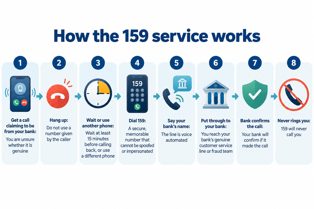 A phone screen showing the digits 159 being dialled, with a bank's fraud team on the line