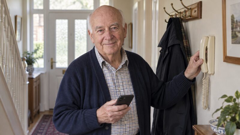 An older man stands in a hallway, having hung up a landline and holding a mobile.