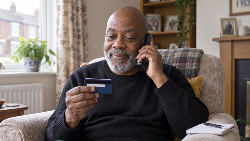 An older man sits in a living room holding a debit card and a phone.