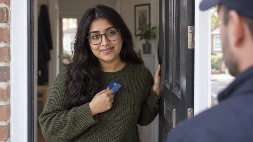 A woman closes her front door on a caller while holding her bank card to her chest.