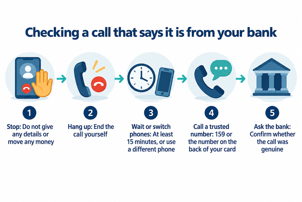 What the diagram explains: the safe steps to check a call claiming to be from your bank