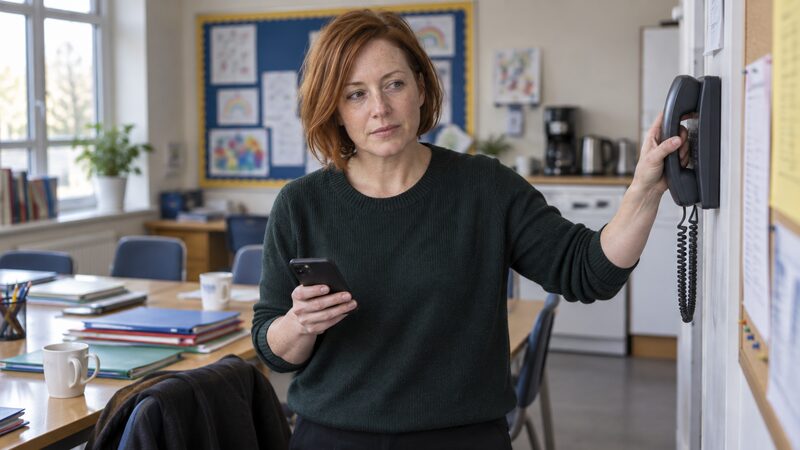 A woman in a school staffroom lifts a landline handset after ending a mobile call.