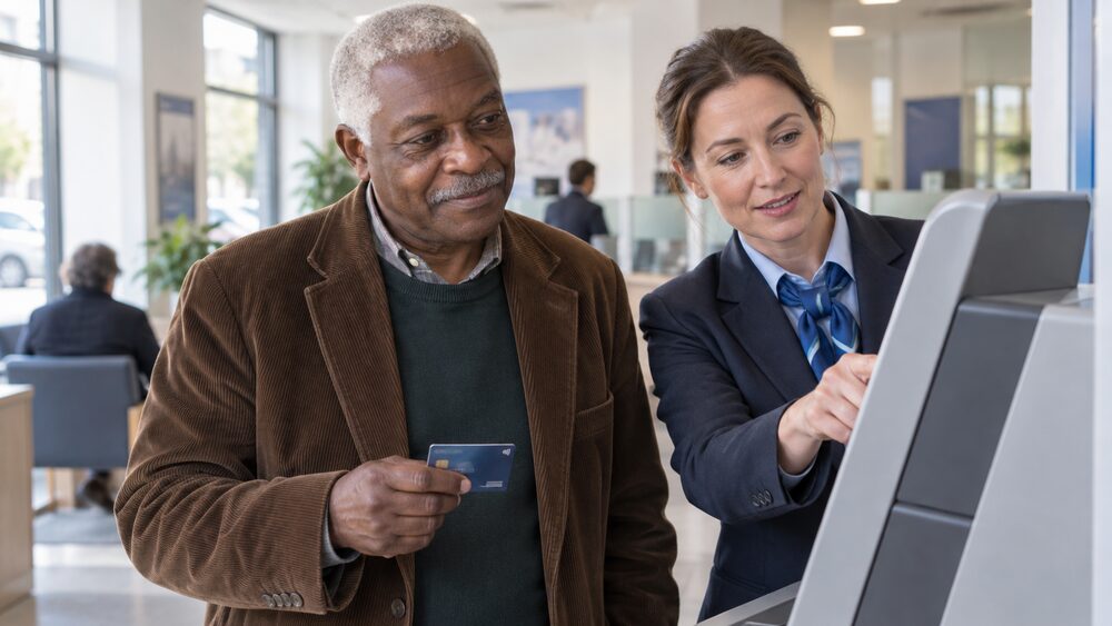 A man at a banking machine holds his card while a staff member points at the screen.