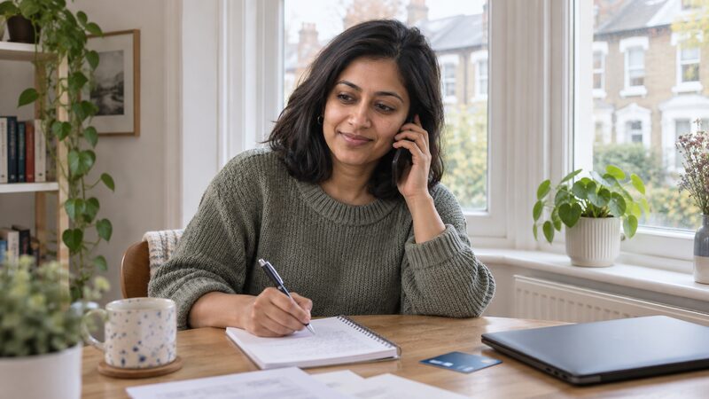 A woman sits at a table on a phone call, writing notes beside a debit card.