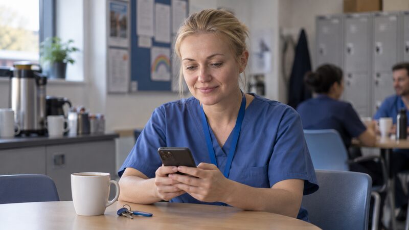 A nurse in scrubs sits in a break room looking at a banking app on her phone.