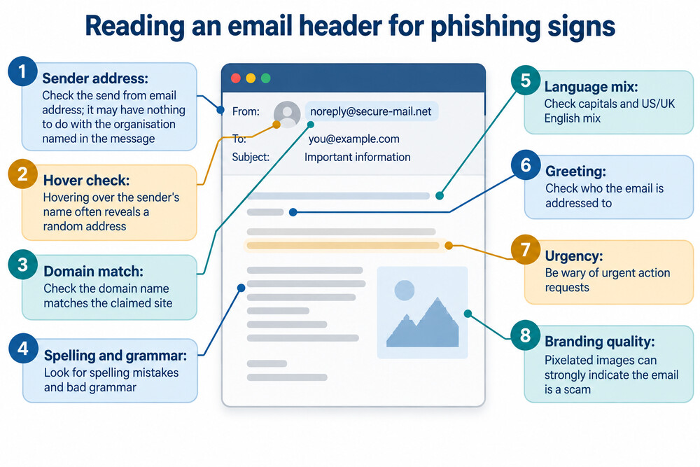 A close-up of an email header showing a sender address that does not match the organisation named in the message