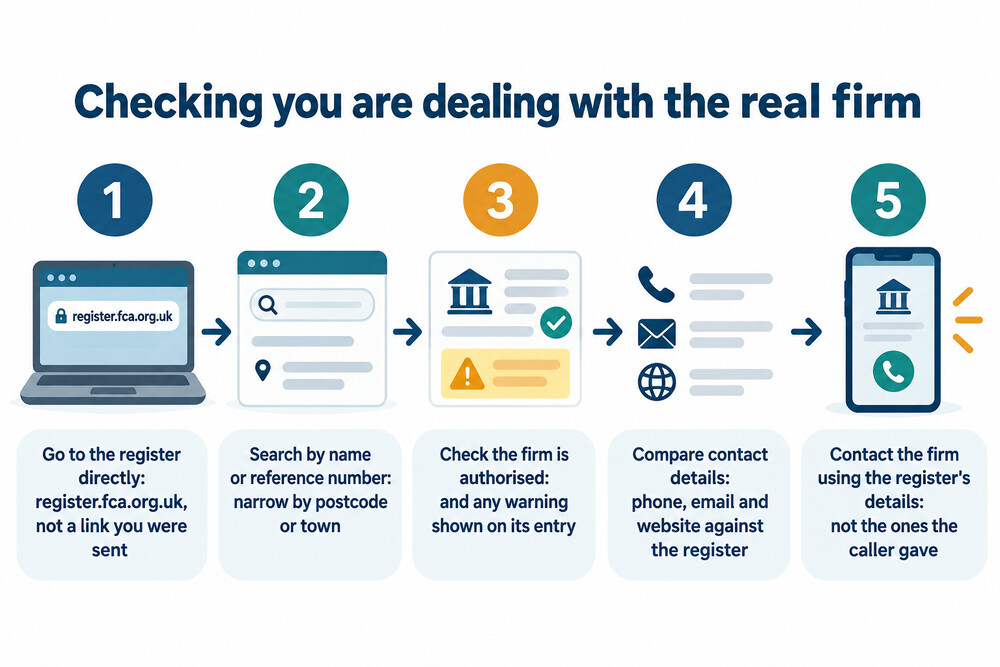 A step-by-step check: search the register, open the firm's entry, compare its listed phone, email and website with the ones you were given