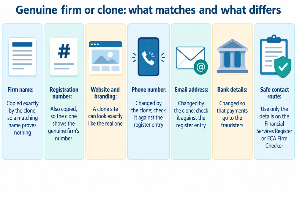 A side by side comparison of a genuine FCA register entry and a clone firm's fake version of it, showing which details match and which differ