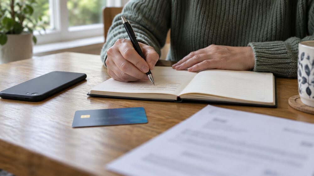 Hands write in a notebook beside a debit card, letter and phone.