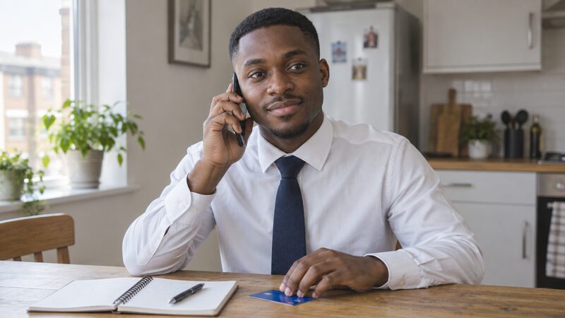 A young man sits at a kitchen table on a phone call with a debit card.