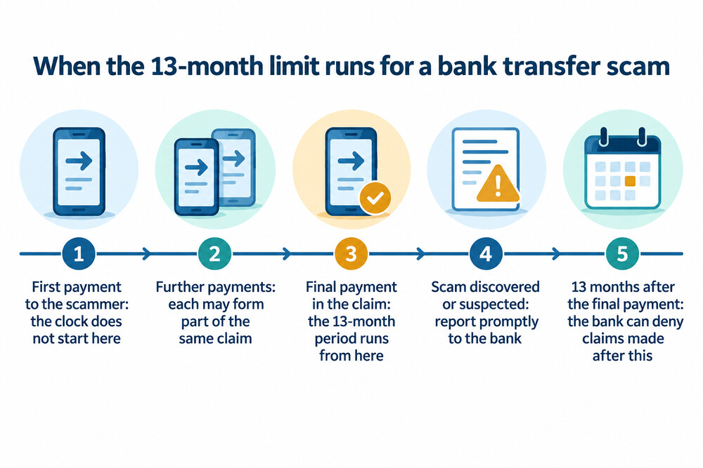 A timeline showing when the 13-month claim period starts for a scam paid in several transfers