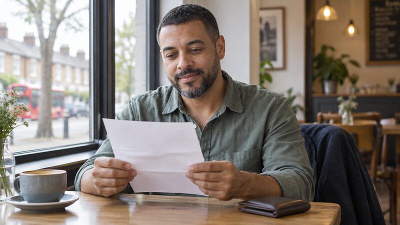 A man sits at a café table reading an opened bank letter.