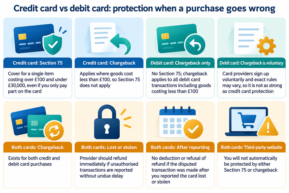 A side-by-side comparison of what a credit card and a debit card each give you when a purchase goes wrong