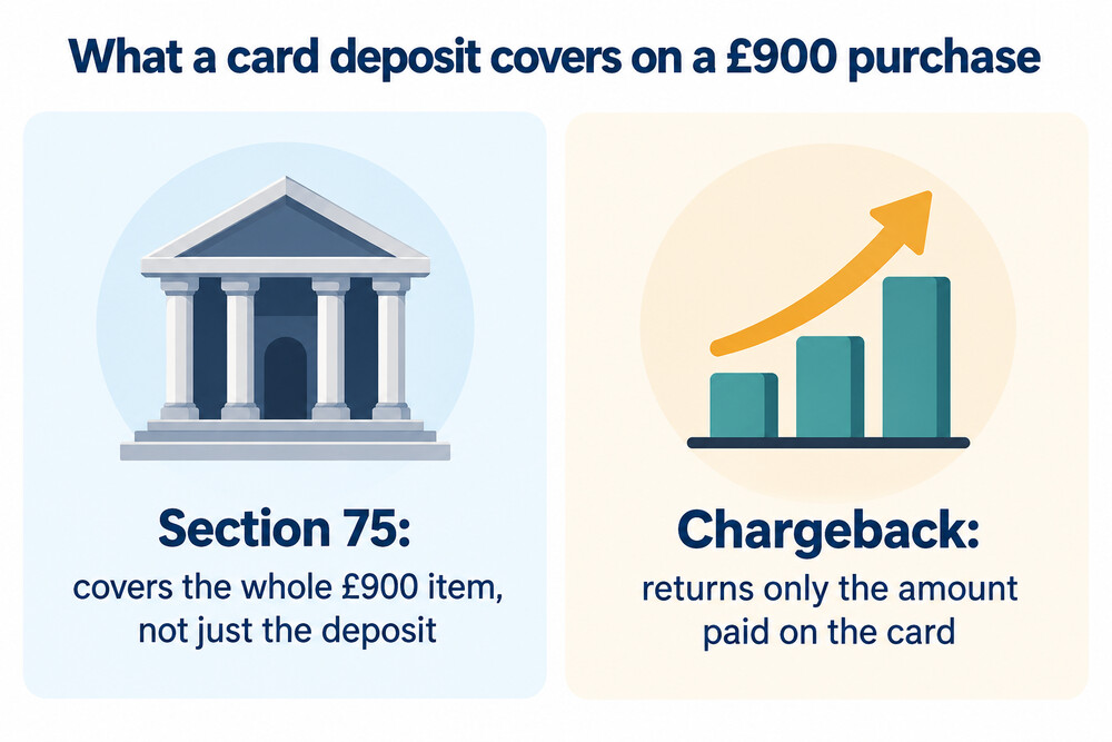 How a deposit on a credit card can cover a £900 purchase under Section 75, while chargeback returns only the deposit