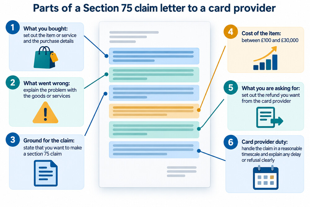 A letter to a card provider setting out a Section 75 claim, with the purchase details and the ground for the claim
